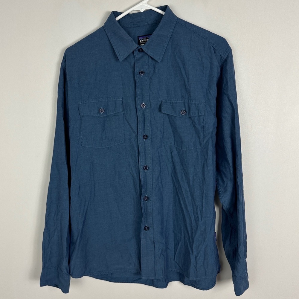 Patagonia Mens Button Down Buckshot Shirt Medium Organic Cotton Blue Long Sleeve
